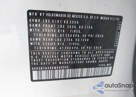 2019 Volkswagen Tiguan 2.0T Se/2.0T Sel/2.0T Sel R-Line/2.0T Sel R-Line Black from USA, damaged, VIN 3VV3B7AX6KM080949